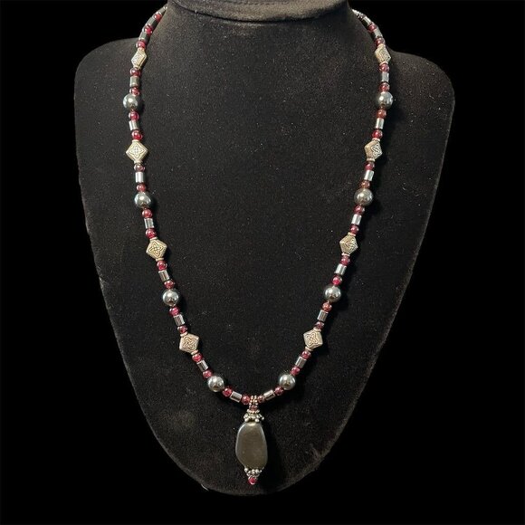 Unbranded Jewelry - Boho Hematite Beaded Necklace Red Glass Pendant Vintage Artisan Festival Jewelry